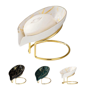 Porte-savon moderne en céramique et acier carbone, design feuille nordique, avec surface en acier inoxydable et égouttoir intégré pour salle de bain - Product Image 1