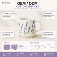 Tasse à café en céramique à motifs floraux botaniques, base imitation bois, personnalisable ODM, compatible micro-ondes, pour la maison, le bureau ou comme cadeau, vente en gros