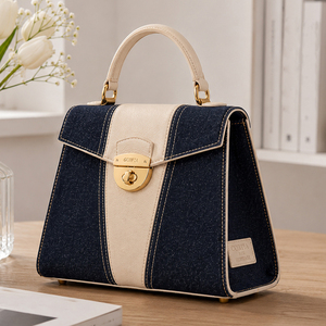 <span class=keywords><strong>Sac</strong></span> à bandoulière en jean bleu pour femme, <span class=keywords><strong>sac</strong></span> à main en cuir grainé marron, sacoche structurée à rabat avec poignée supérieure et pieds métalliques - Product Image 1