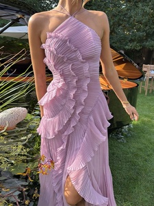 Vestido Midi Halter Personalizado Chic con Espalda Descubierta, Plisado y Volantes, Cintura Natural, Elegante para Fiesta <span class=keywords><strong>de</strong></span> Verano y Noche para Mujer - Product Image 3