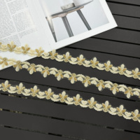 Bordure en dentelle brodée perlée, motif floral doré, en maille, pour Abaya, Robe de mariée, Robe de soirée, Décoration de vêtement
