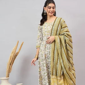 Women <b>Floral</b> Printed Round Neck Thread Work Pure Cotton Kurta With <b>Trousers</b> & Dupatta Bulk product Customized Women Clothing - Product Image 1