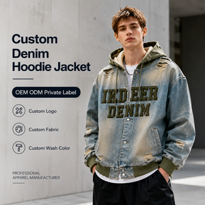 IKDEER Sudadera con Capucha de Mezclilla para Hombre, Estilo Vintage Y2K, con Bloques de Color Desgastados, Efecto Descolorido por el Sol, <span class=keywords><strong>2</strong></span> en 1, con Letras, 500 GSM, con Botones, Personalizada OEM - Product Image 1