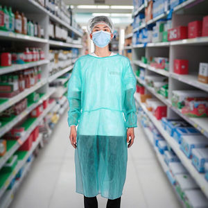 Gaun isolasi kelas I dewasa sekali pakai pakaian pelindung medis PP non-tenun lengan panjang manset elastis 95% penyaringan <span class=keywords><strong>CE</strong></span> - Product Image 6