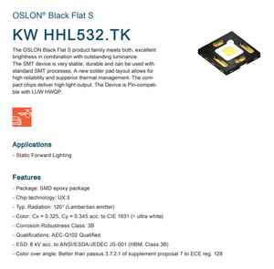 Chip LED Blanco para Automoción OSRAM OSLON Black Flat S KW HHL532.TK 395lm 3.2W 3.15V 120 Grados 3737 Negro Plano de Cerámica - Product Image 2