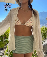 Offre Spéciale rayé bretelles Micro Bikini String imprimé fleuri maillots de bain dentelle garniture coupe haute maillots de bain Sexy femmes vêtements de plage