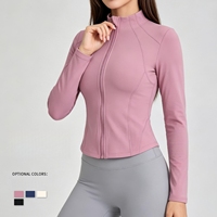 Veste de yoga respirante unie pour femme 2026 avec fermeture éclair, coupe ajustée, col montant et poches arrière – Idéale pour le fitness et la course à pied