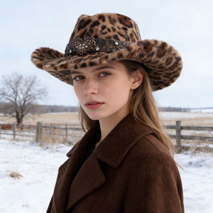 Sombrero Vaquero de Felpa con Estampado de Leopardo ZhenXi, Hebilla en Forma de Corazón, Accesorio de Moda para Mujeres y Hombres, Otoño-Invierno, Tallas M56-58cm - Product Image 4