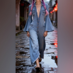 จั๊มสูทเดนิมแฟชั่นผู้หญิงทรงหลวมสีพื้นแบบลำลองติดกระดุมเม็ดเดียวคอลเลคชั่นใหม่ประจำฤดูใบไม้ร่วง/ฤดูหนาว - Product Image 3