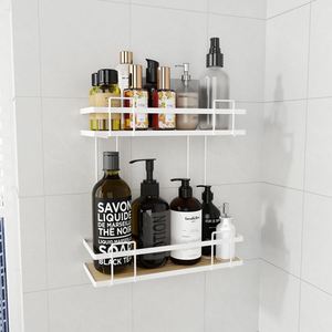 Étagère d'angle murale moderne en bois et acier pour douche, sans perçage, 2 niveaux, en métal, pour cuisine/salle de bain - Product Image 4