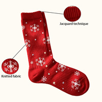 Chaussettes de Noël rouges côtelées en coton, motif flocon de neige jacquard, mi-mollet, pour femmes