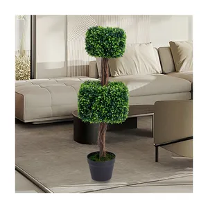 PZ-1-159 Wedding Decor Faked Topiary Green Foliage With Natural Wood Trunk Potted Plant Artificial Double Square Shape Tree