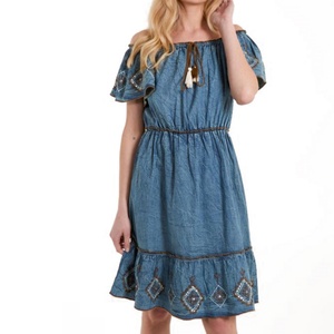 Nouvelle robe courte en jean brodée à épaules dénudées pour femme, style bohème à manches courtes évasées et volants - Product Image 1