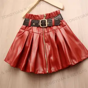 With Belt Kids Pleated Skirts Children Short PU Dresses Baby Girls Leather Skirts
