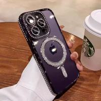 Étui de téléphone portable magnétique sans fil de luxe avec diamants brillants sur les côtés pour iPhone 18 17 16 15 14 13 12 11 Pro Max