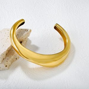 C Shaped <b>Bangle</b> 18K Gold Stainless Steel Plain Open <b>Bracelet</b> For Women Gift Jewelry - Product Image 3