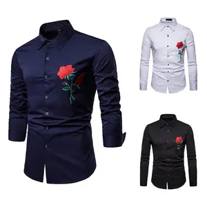 Plus Size Herren besticktes Rose Langarmhemd Weißes Hemd Slim Tailored