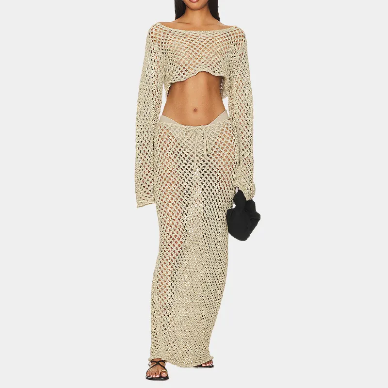 Summer Sexy Crochet Two Pieces Set Crop Top And Skirt knit Beachwear cover Up