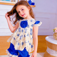 Ensemble short à volants en dentelle florale bleu royal |   Tenue décontractée mignonne et adorable pour filles |   100% coton pur, col rond, longueur genou