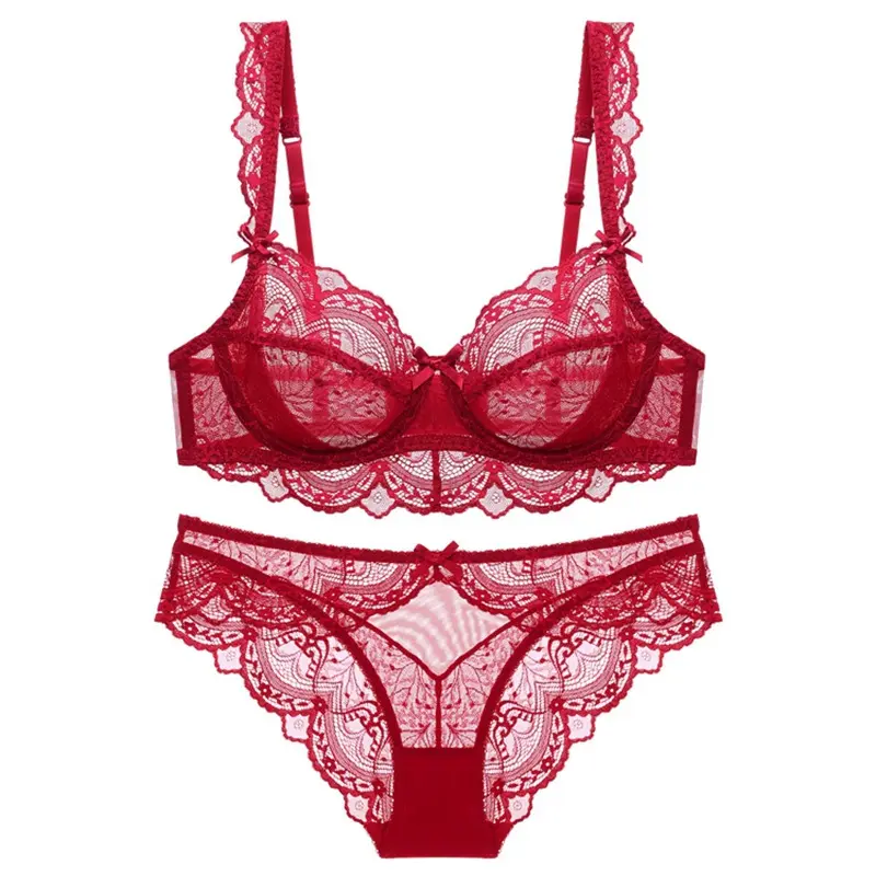 Set pakaian dalam seksi tembus cahaya penuh spons renda ultra tipis celana dalam besar gathered anti drooping bra push up lingerie