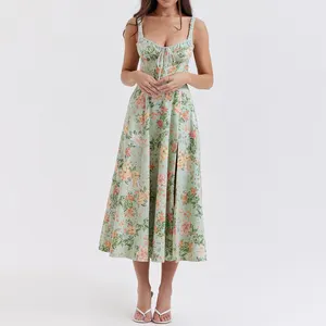 2023 Custom Ladies Elegant Print Chiffon Women Casual Long Summer Floral Maxi Chiffon Dress