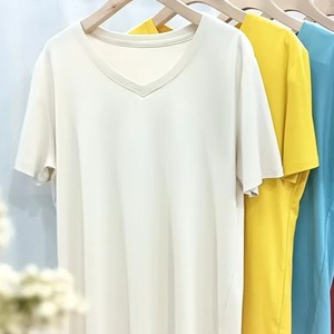 Camiseta de Algodón Mercerizado de Seda de Color Sólido para <span class=keywords><strong>Mujer</strong></span>, Ecológica, de Corte Holgado, Cuello Redondo con Cuello en V Delgado - Product Image 3
