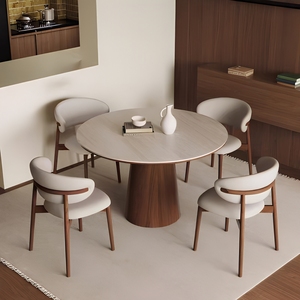 Juego de Mesa y Sillas de Comedor Redondas de Estilo Travertino Moderno con Patas de Madera Maciza Color <span class=keywords><strong>Nogal</strong></span>, Muebles para el Hogar de 8 Plazas - Product Image 1