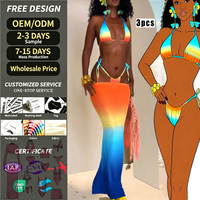 Tenue de carnaval de Trinidad personnalisée pour le lundi, ensemble 3 pièces : bikini string ombré, jupe longue transparente, maillot de bain en nylon imperméable pour le Jouvert, vente en gros