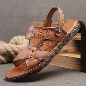 Sandales à lanières en T pour hommes, en cuir de vachette première couche, semelle extérieure en caoutchouc antidérapante, décontractées, d'été, à bout ouvert, motif uni - Product Image 2
