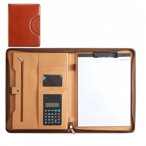 Portefeuille à fermeture éclair de grande capacité de haute qualité avec logo personnalisé A4 en cuir PU Padfolio professionnel avec calculatrice - Product Image 1