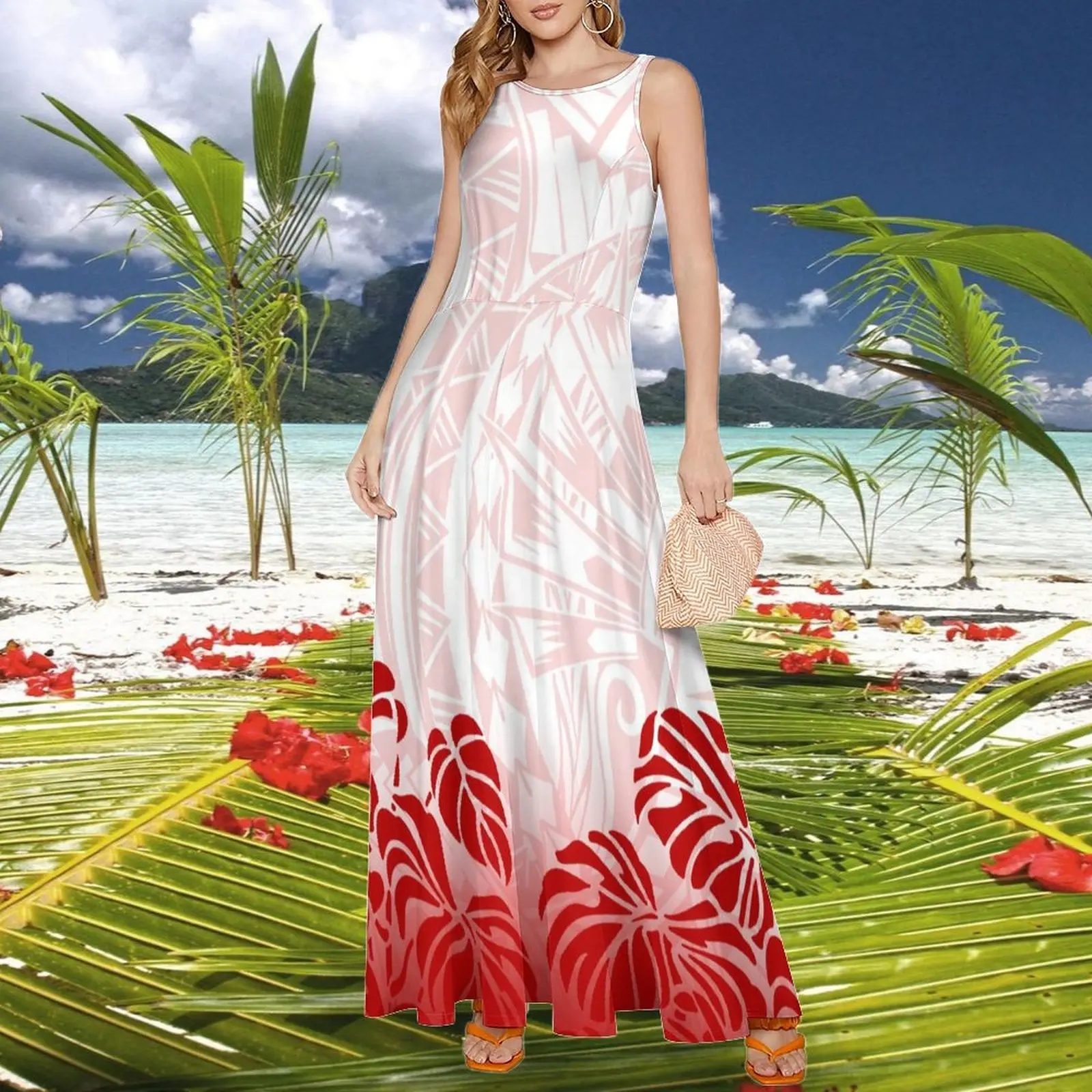 hot selling summer sleeveless loose cozy big leaf polynesian maxi dress plus size 8XL elegant women long dress for beach holid