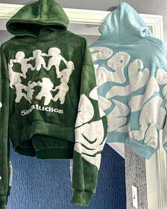 Yingling personnalisé surdimensionné sans cordes 3D bouffée impression Logo bord coupé Applique à capuche recadrée ourlet brut Streetwear à capuche - Product Image 2