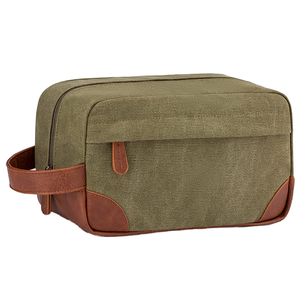 Sac de toilette en toile lavée avec garniture en PU, sac de toile portable, fermeture à glissière, logo personnalisé, motif, trousse de toilette de voyage - Product Image 1