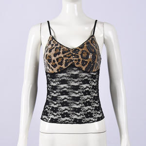 Viviblook Z0130TP Nouveau haut sexy sans manches pour femme, en dentelle, orné de perles, imprimé léopard, avec sequins et patchwork, à lacets - Product Image 6