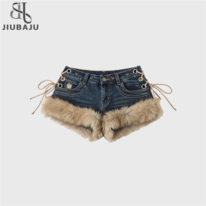 Nuovi Shorts in Jeans da Donna Invernali, Design Retrò, Soffici con Inserti, Stile Y2k, <span class=keywords><strong>Vita</strong></span> <span class=keywords><strong>Bassa</strong></span>, con Cinturino, Slim Fit, Hot Pants - Product Image 1