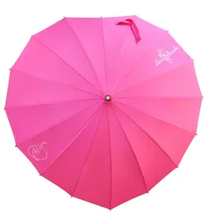 מכירה לוהטת ייחודי עיצוב פיברגלס חתונה ורוד אהבת לב צורת ישר מטריית 16 צלעות חזק Windproof אישית מטרייה
