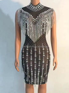 Déguisement scintillant sexy, en argent, décolleté plongeant en V, strass, extensible, bar, discothèque, chanteur, danse, compétition <span class=keywords><strong>de</strong></span> danse moderne, avec pompon - Product Image 5