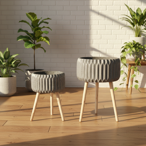 Pot de fleurs moderne, durable et écologique avec pieds en <span class=keywords><strong>bois</strong></span>, 5L, en fibre de verre et argile, pour intérieur/extérieur, suspendu ou sur pied - Product Image 2