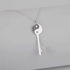 New Product Stainless Steel Openwork Yin Yang Key Pendant Necklace,High Polished Key Charm With Lotus