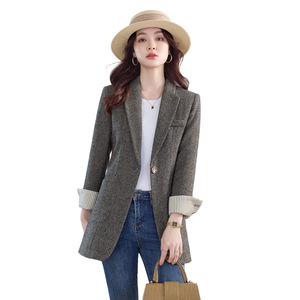 Women's Blazer Mid Length Slim Fit Solid Color <b>Wool</b> Blend Scholarly Style With Patchwork Cuffs - Product Image 5