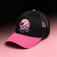 Gorra Trucker Negra Retro con Parche Tejido de Grulla Oriental y Sakura, Unisex, Transpirable, de Malla, para Uso Diario y Viajes al Aire Libre