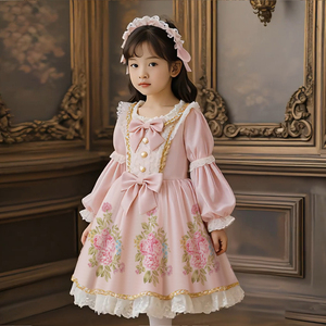 Nuevo Vestido de Princesa Lolita Rosa para Niñas 2026, Hermoso Vestido de Fiesta de Cumpleaños para Niñas de 3 a 12 Años, Vestido Largo de Manga Larga - Product Image 5