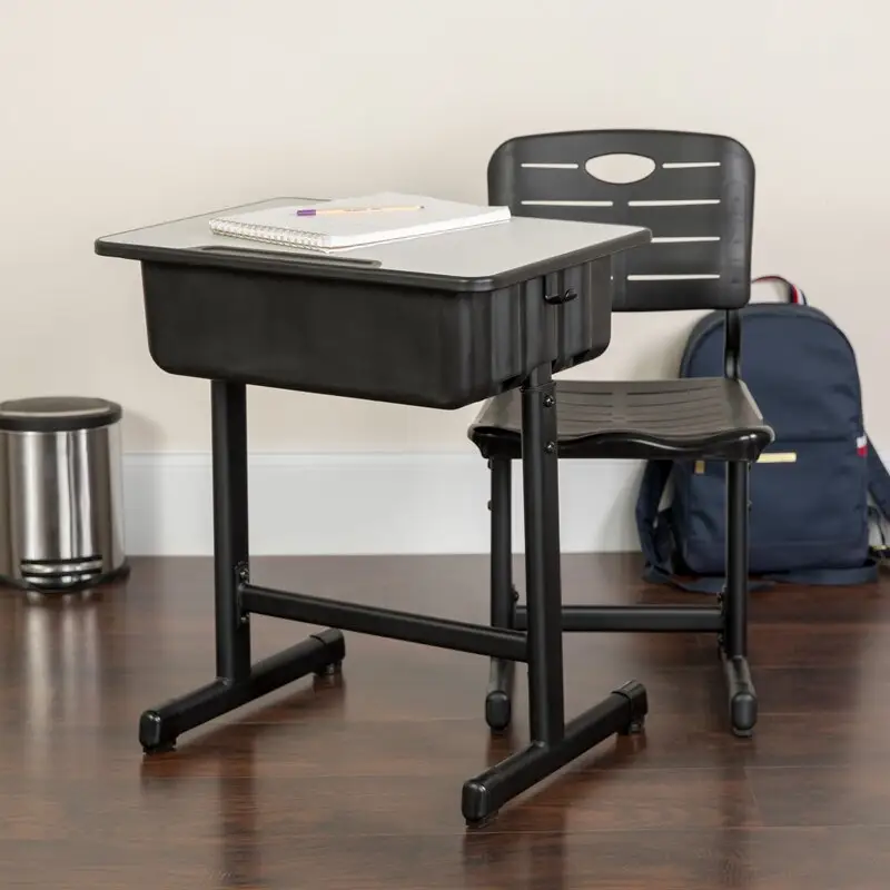 Black Steel Metal School Furniture Student Adjustable Height Single Seat Classroom Desks And Chairs