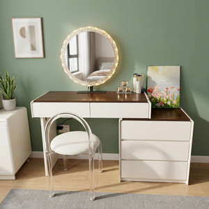 Table de maquillage moderne blanche avec miroir éclairé et tiroirs de rangement pour meubles de chambre - Product Image 4
