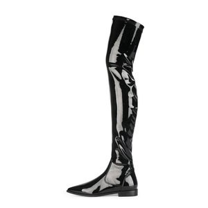 Botas planas sexys de moda para mujer, por encima de la rodilla, elásticas, de PU charol, con punta en pico, elásticas, hasta el muslo, tallas 35-45 - Product Image 3