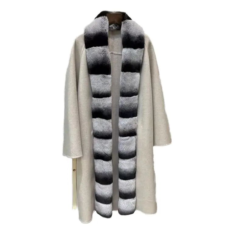 本物のカワウソのウサギの毛皮の襟のマント、女性の長いウールのコートと組み合わせた、工場での女性の本物のカシミアコートの卸売