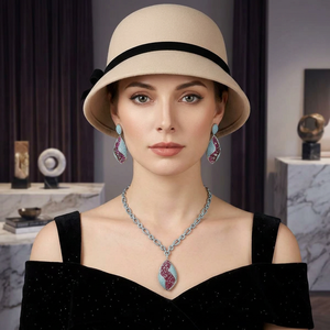 Ювелирный набор Bella Viva Luxury Wave Design с розовыми и бирюзовыми кубическими циркониями, серьги и ожерелья из меди с платиновым покрытием - Product Image 5