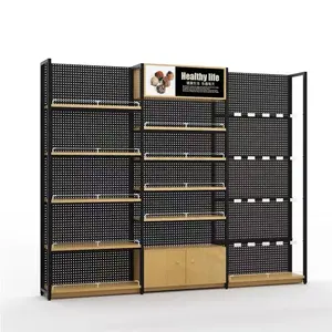 Prateleira de madeira para armários de exposição de produtos de varejo, luminária de chão personalizada para loja