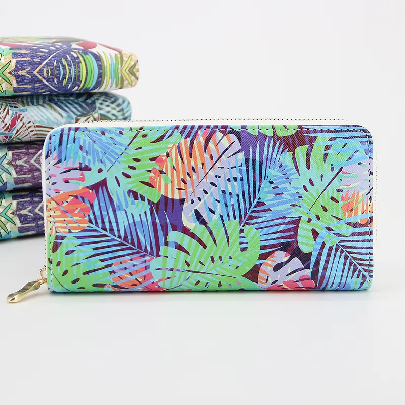 Factory Wholesale High Quality Pu Leather Custom Leaf Print Zipper Closure Card Holder Wallet For Women