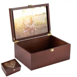 木制记忆纪念品盒，带铰链盖和盖子内的相框，用于图片字母时间胶囊，生日